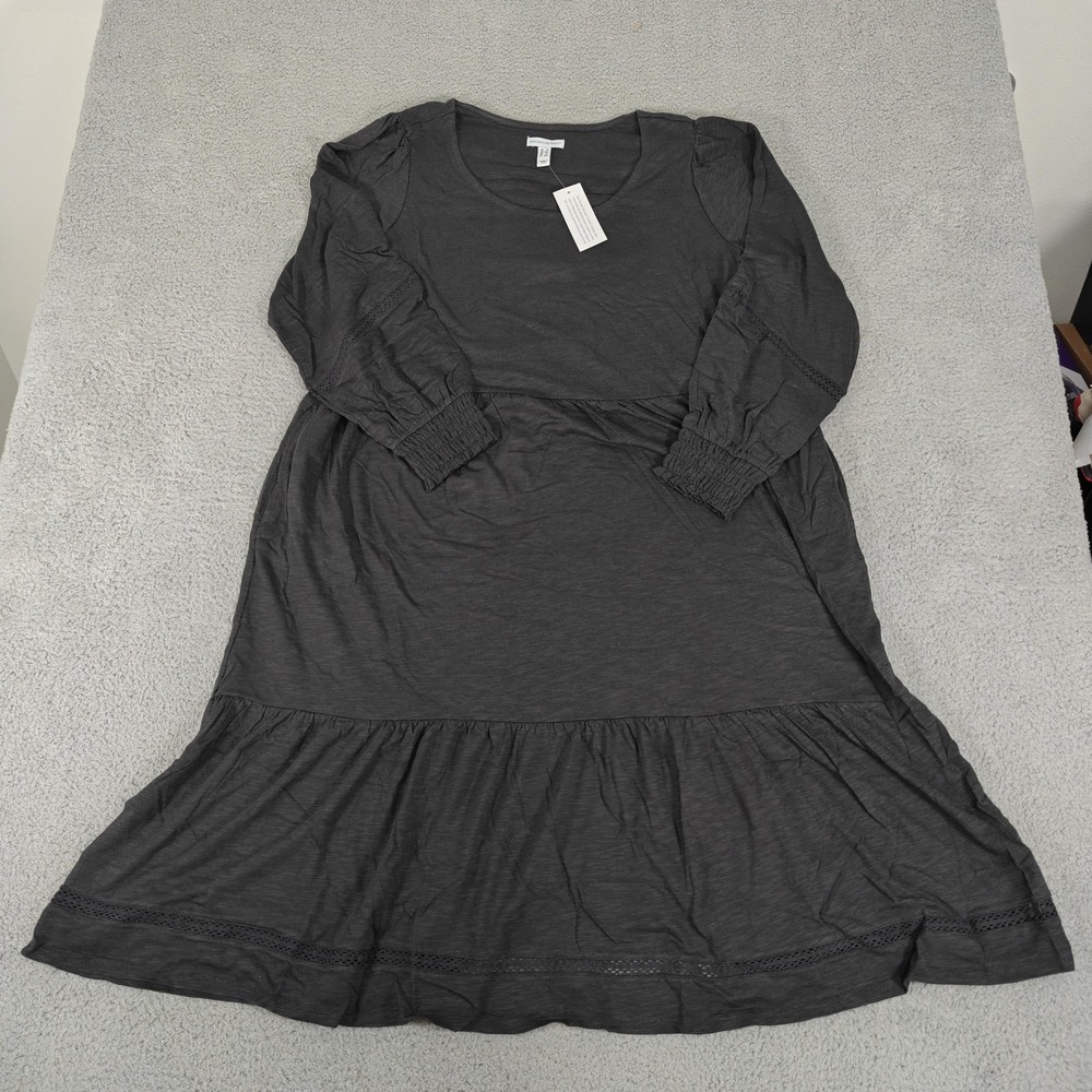 Canyon Retreat Dress Womens 1X Washed Black Long Sleeve Pockets Boho Tiered New